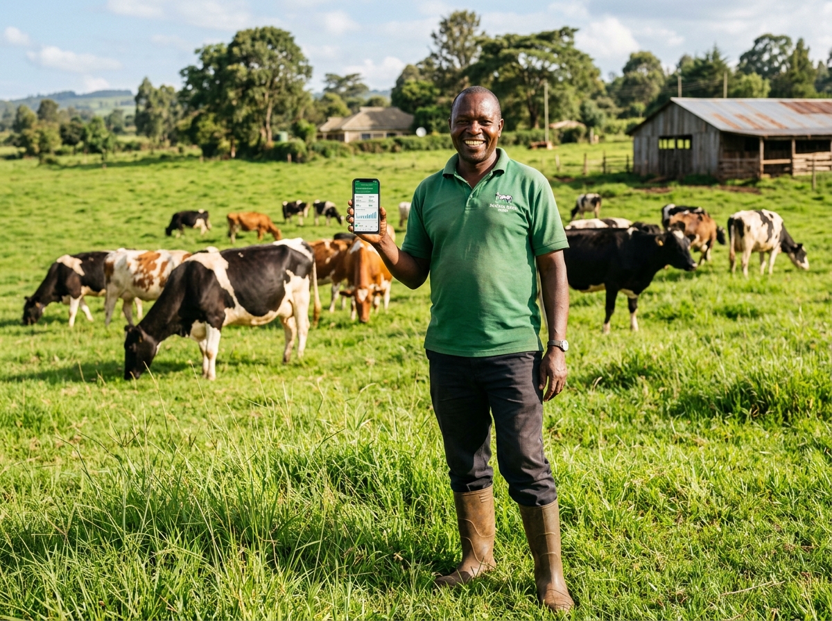 Farmer Scanning Cattle in Pasture with Mobile App